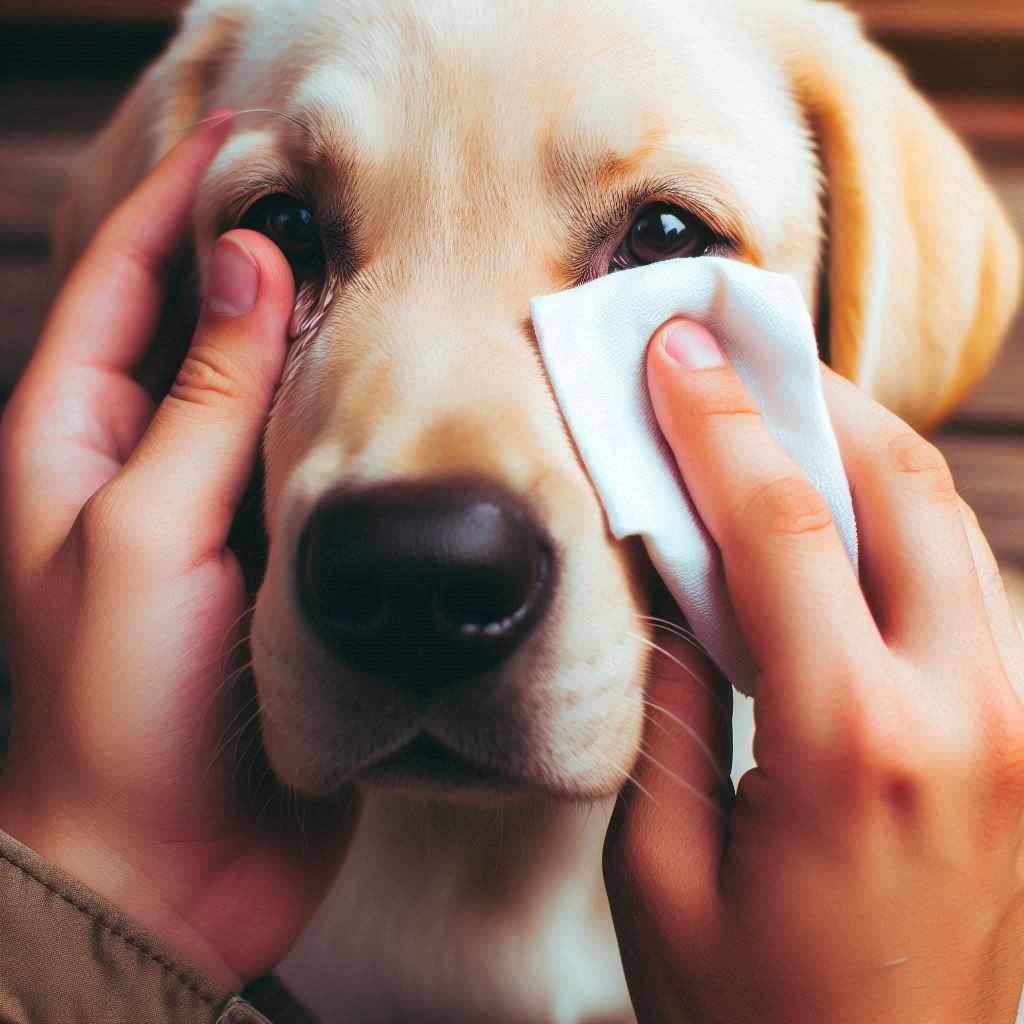 Persona limpiando los ojos de un perro con un paño suave.