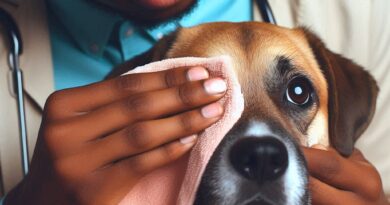 Persona limpiando los ojos de un perro con un paño suave.