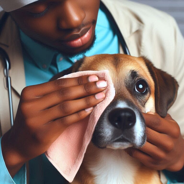 Persona limpiando los ojos de un perro con un paño suave.