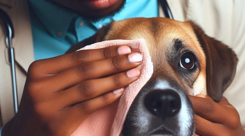 Persona limpiando los ojos de un perro con un paño suave.