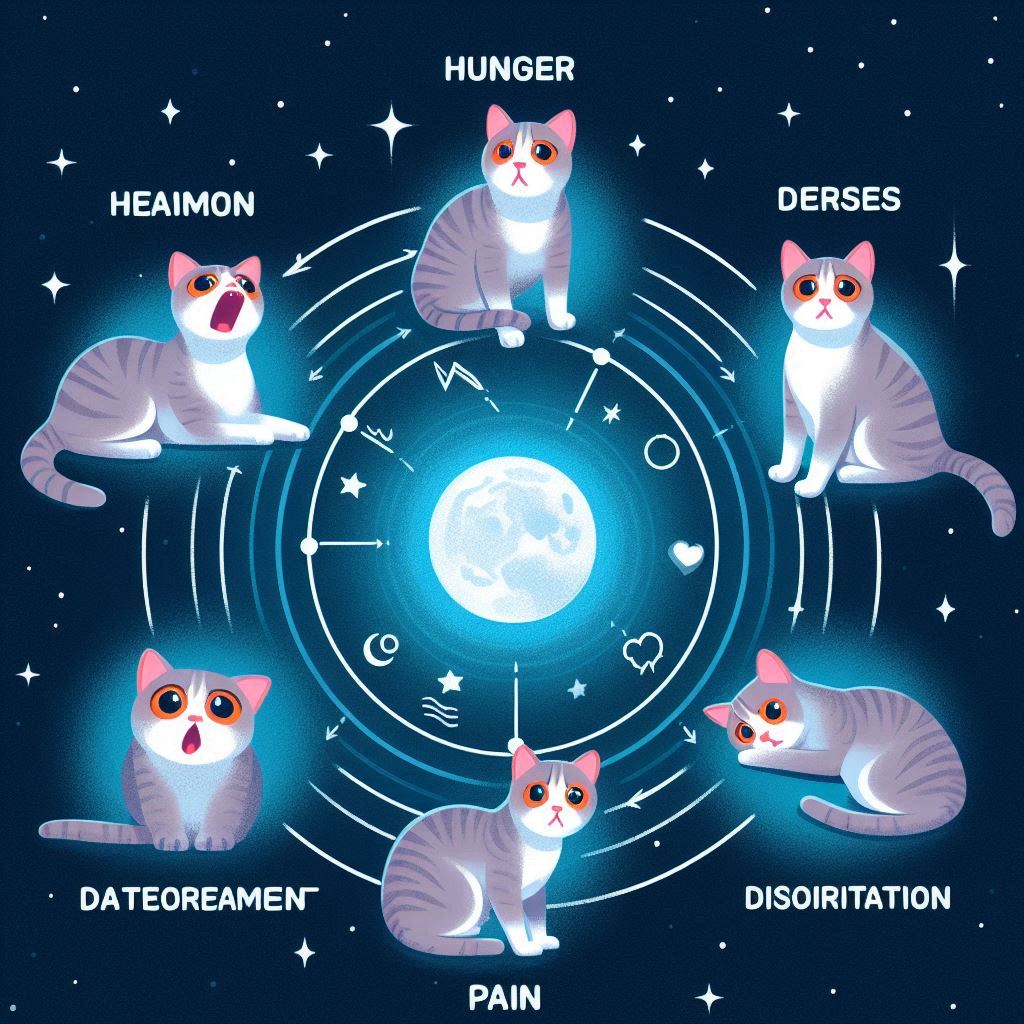 Gráfico mostrando las razones comunes del maullido nocturno en gatos, incluyendo hambre, deseo de atención, aburrimiento, dolor y desorientación