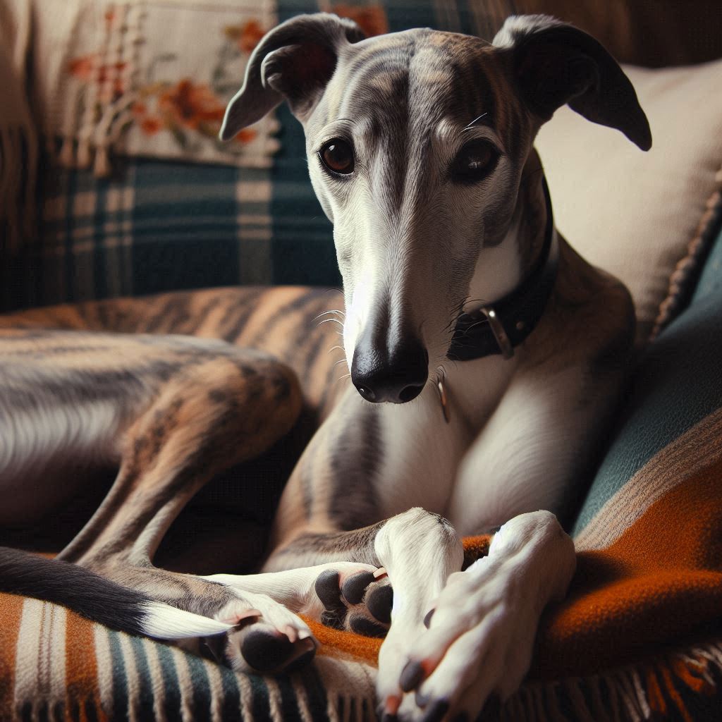 un galgo descansando en un sofá, reflejando su naturaleza tranquila