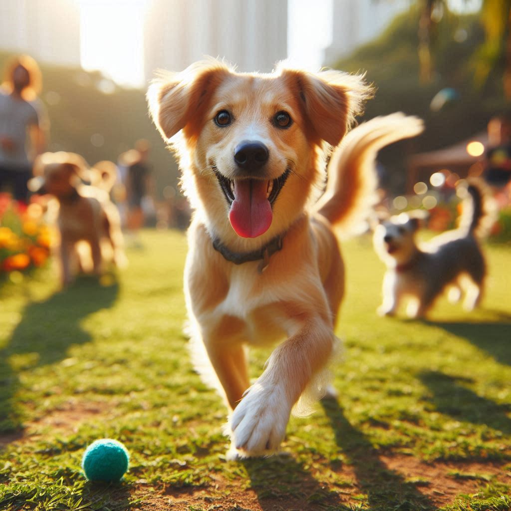 un perro adoptado socializando con otros perros en un parque