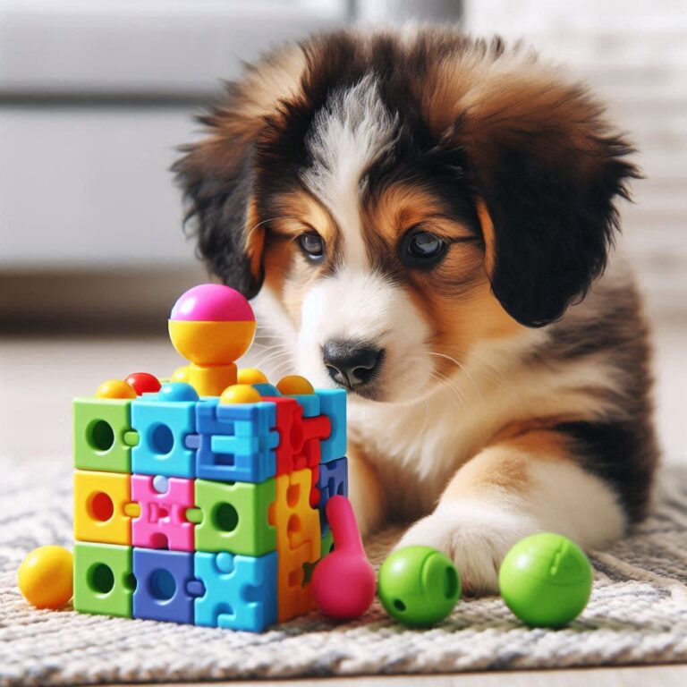 Una imagen de un cachorro interactuando con un juguete de resolución de problemas o un juguete interactivo