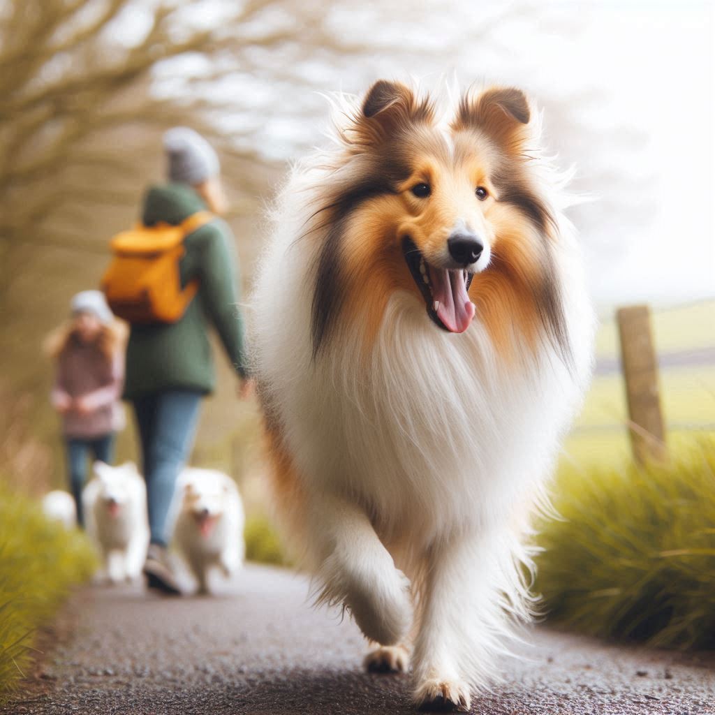 un Collie disfrutando de un paseo al aire libre, resaltando su energía y disposición para actividades familiares