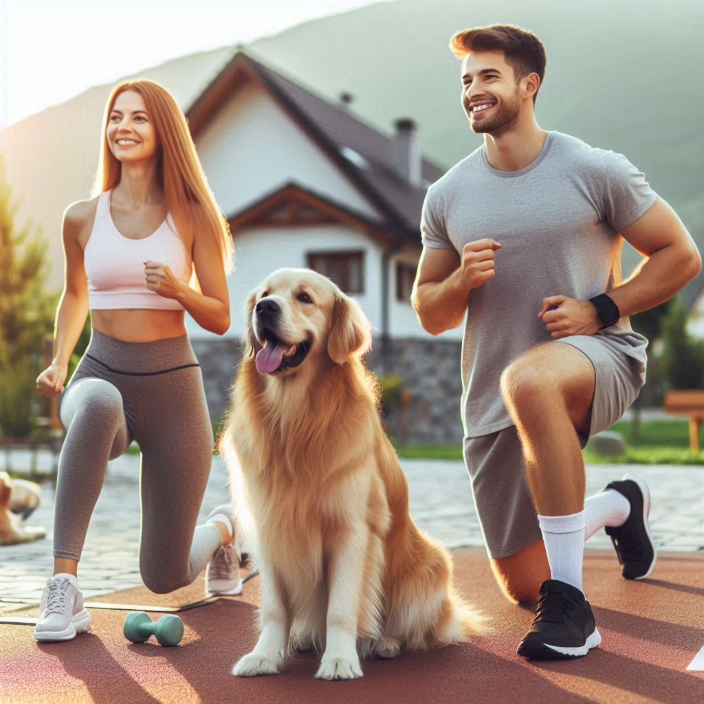 una familia haciendo ejercicio junto con su Golden Retriever al aire libre