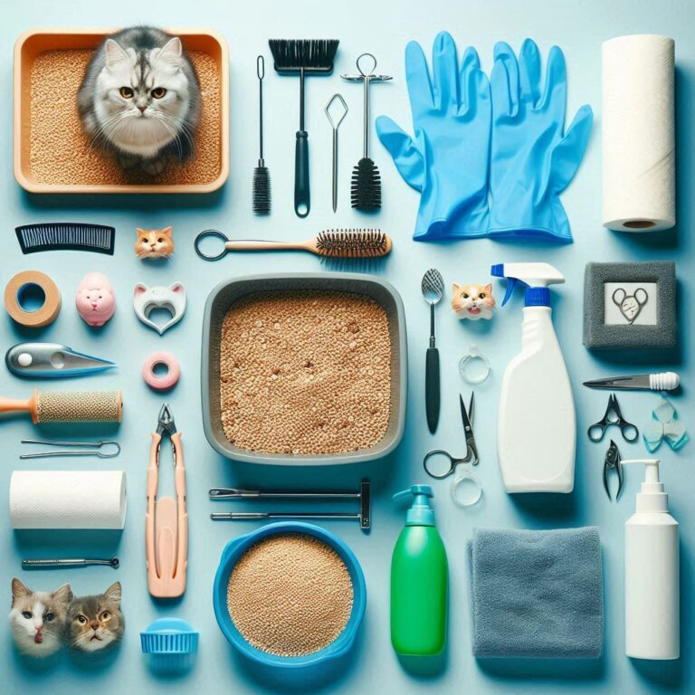 una guía completa sobre la higiene de gatos, mostrando arena y piedras sanitarias para gatos