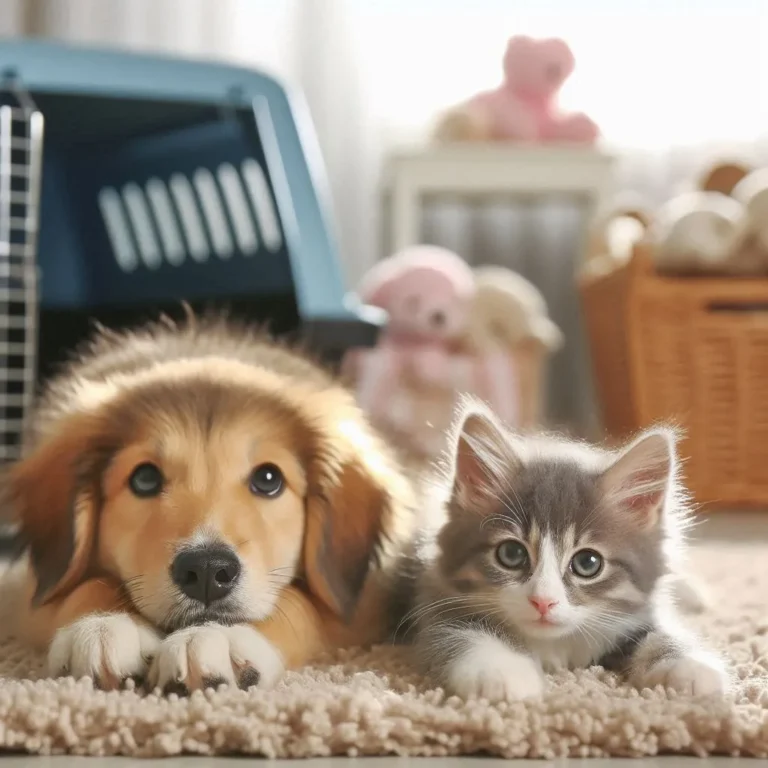 dos mascotas jugando juntos o descansando en un ambiente hogareño