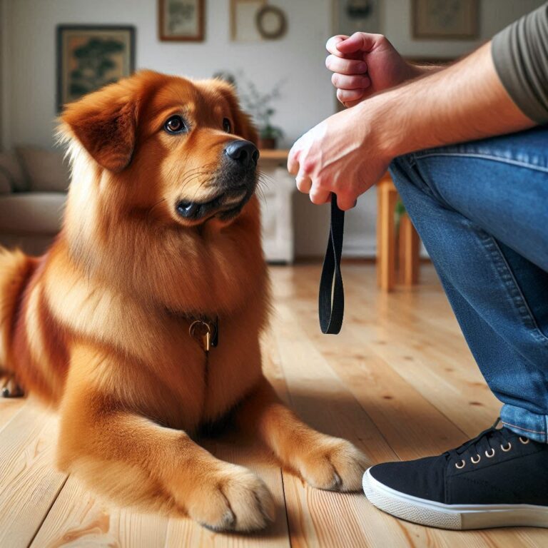 Perro recibiendo entrenamiento con dueño usando refuerzo positivo