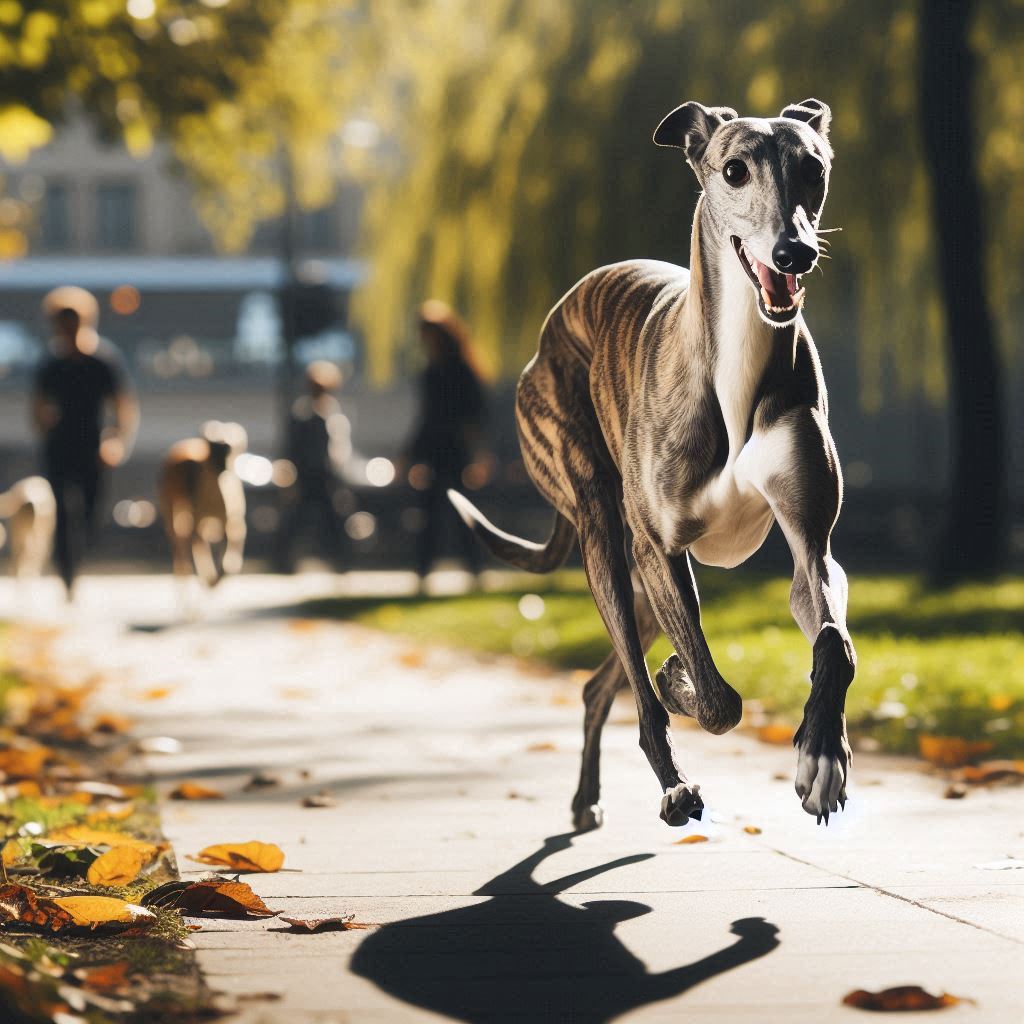 un galgo corriendo en un parque, destacando la importancia del ejercicio moderado