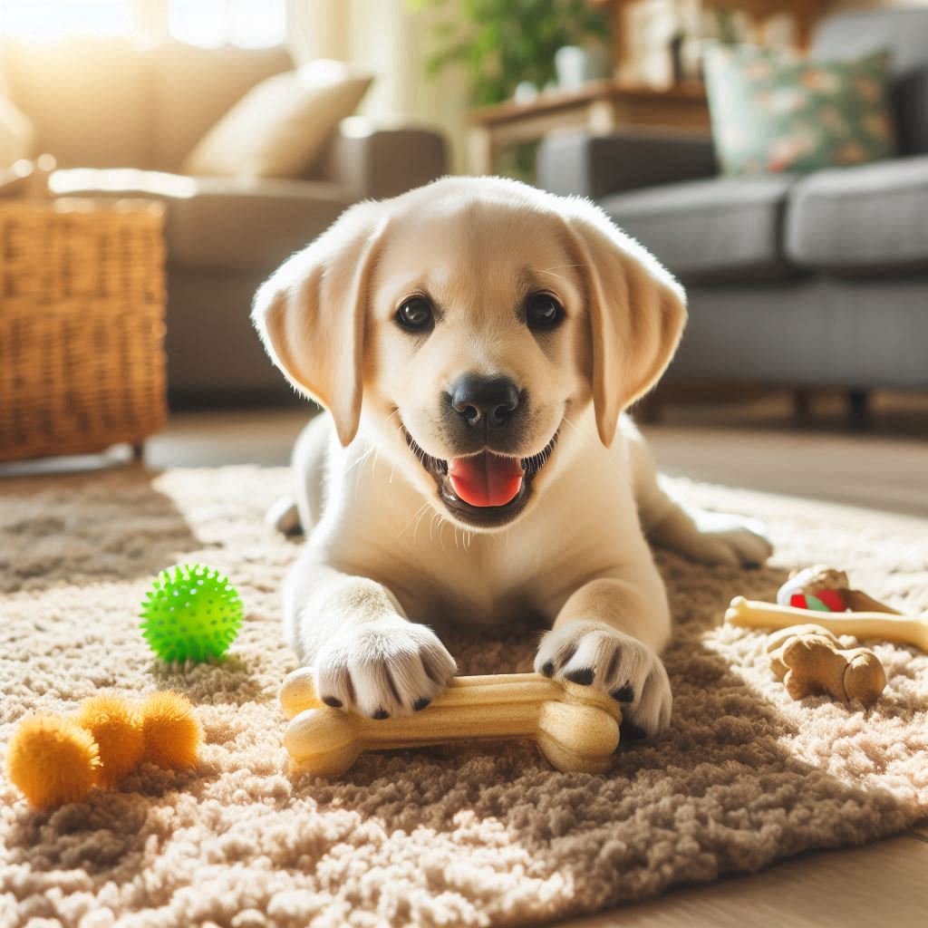 Labrador Retriever jugando con juguetes en casa