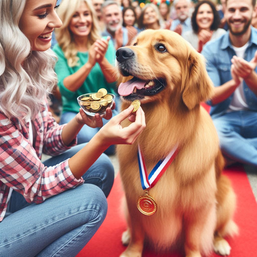 un perro recibiendo una recompensa por su buen comportamiento