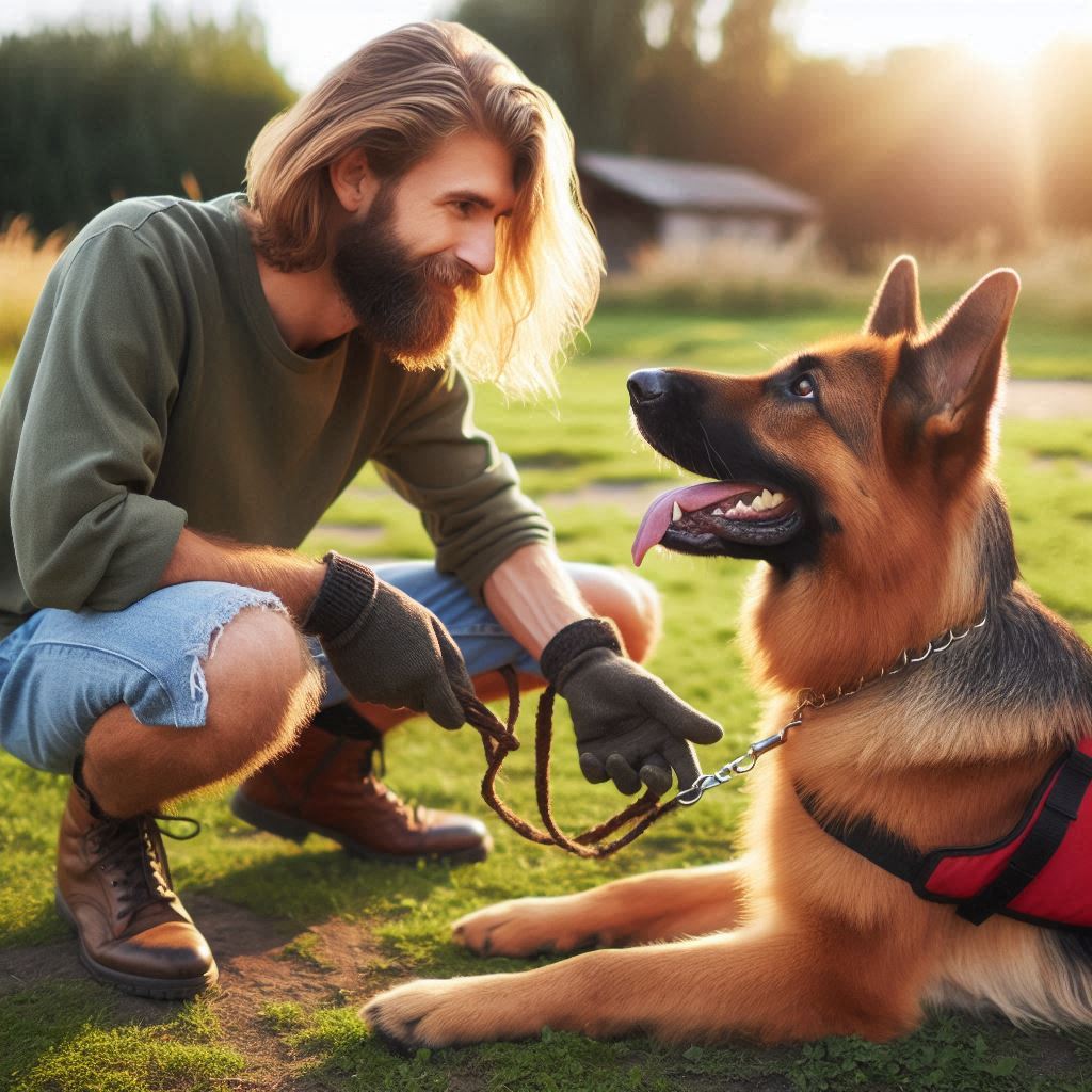 A German Shepherd playing with its owner during a training session