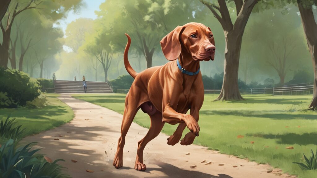 un perro Vizsla corriendo en el parque