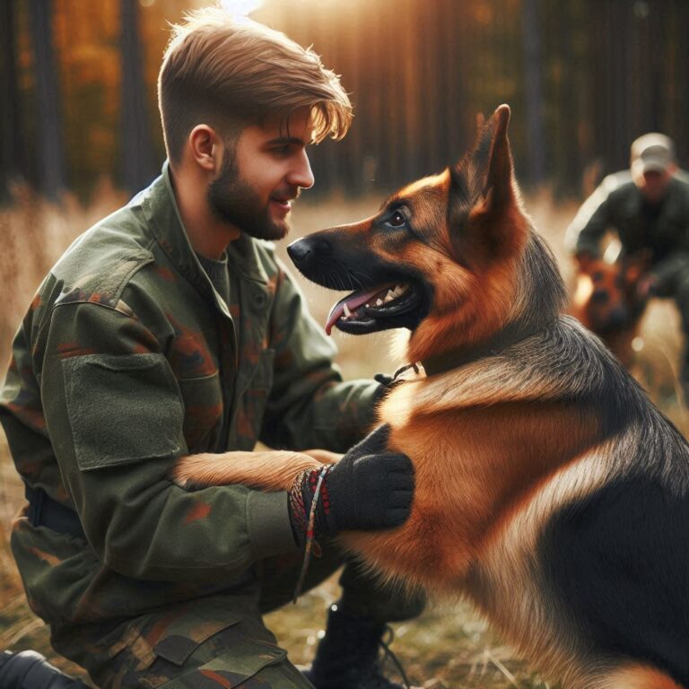 A German Shepherd playing with its owner during a training session