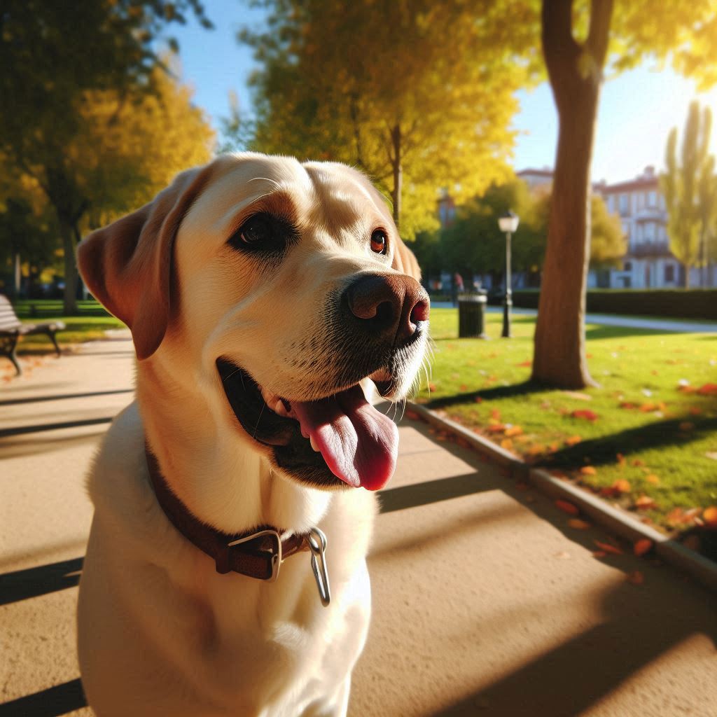 Labrador Retriever disfrutando de un paseo en un parque.