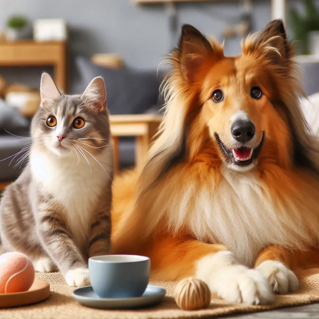 dos mascotas jugando juntos o descansando en un ambiente hogareño