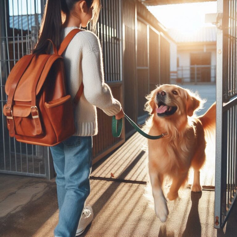 Perro saliendo de perrera con su nuevo dueño