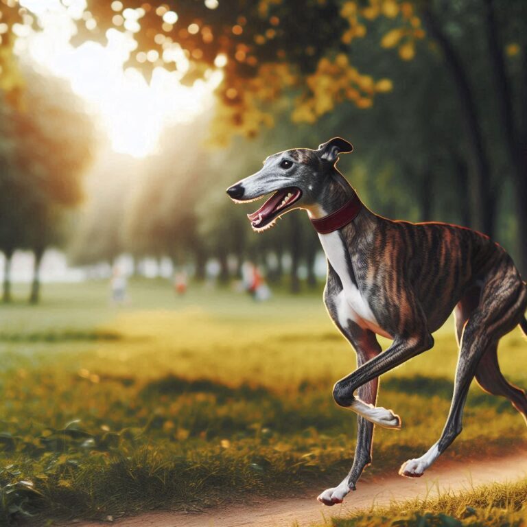 un galgo corriendo en un parque, destacando la importancia del ejercicio moderado