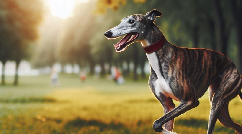 un galgo corriendo en un parque, destacando la importancia del ejercicio moderado