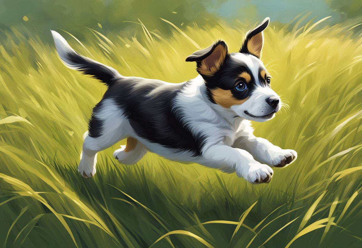 A puppy running in a grassy field, chasing after a ball or playing with a toy