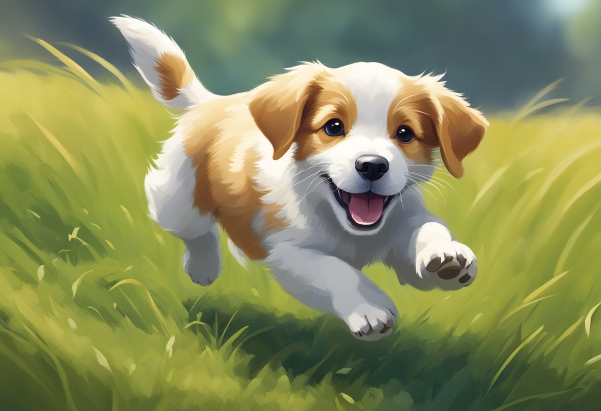 A playful puppy chasing a ball in a grassy field, wagging its tail and barking happily