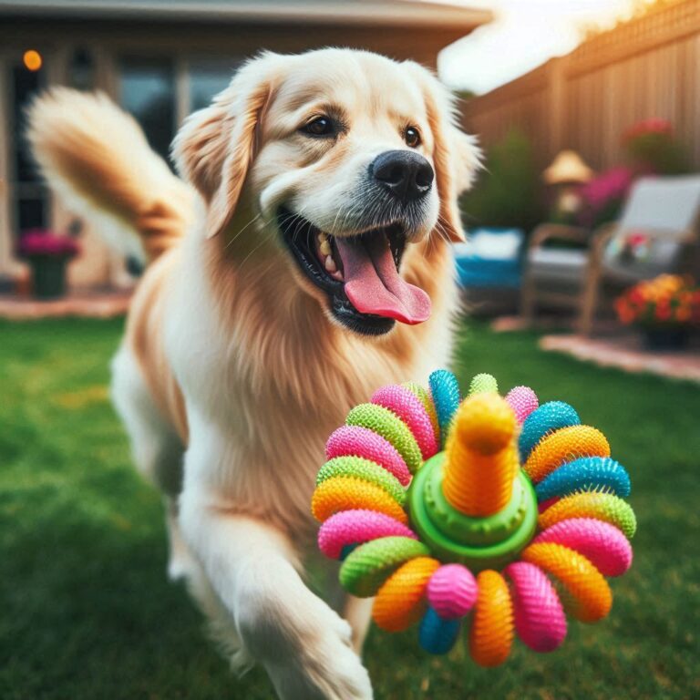 Un perro jugando con un juguete interactivo