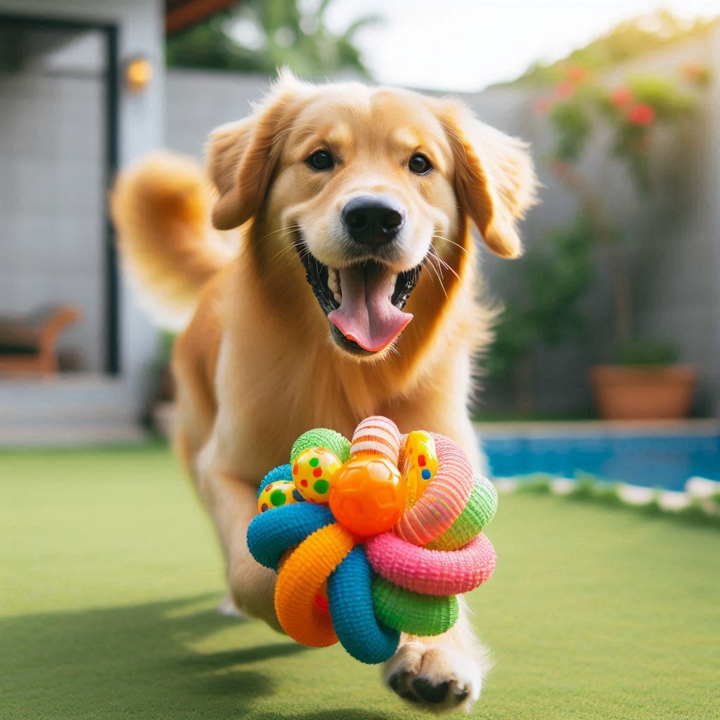 Un perro jugando con un juguete interactivo