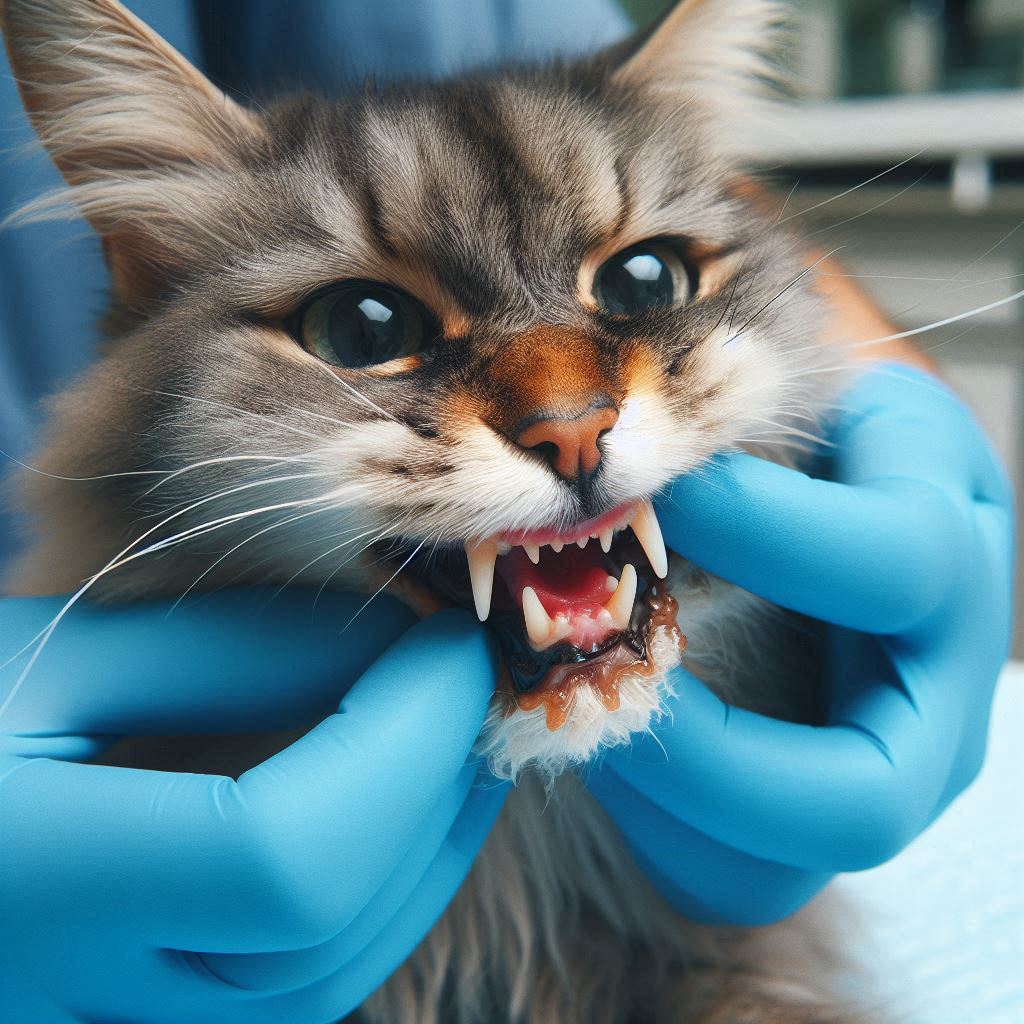 Un gato mayor mostrando signos de enfermedad dental, como acumulación de sarro o gingivitis.