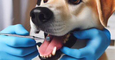 Un perro en la consulta del veterinario, recibiendo un chequeo dental.