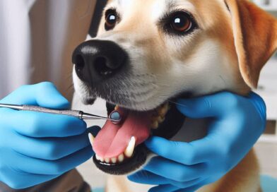 Un perro en la consulta del veterinario, recibiendo un chequeo dental.