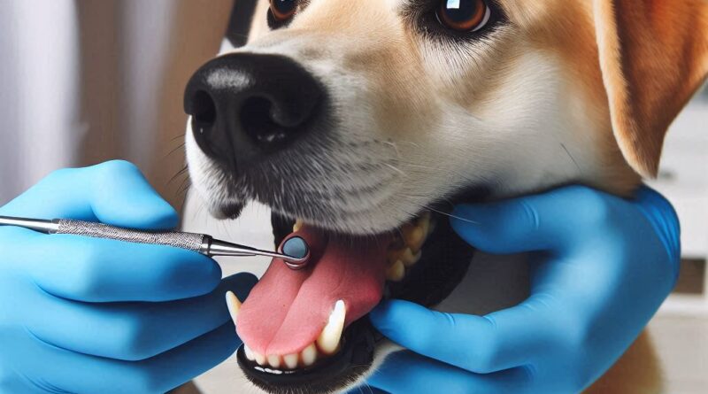 Un perro en la consulta del veterinario, recibiendo un chequeo dental.