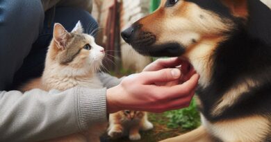 un perro adoptado interactuando de manera tranquila y controlada con otro perro o gato, bajo la supervisión de su dueño