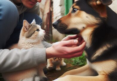 un perro adoptado interactuando de manera tranquila y controlada con otro perro o gato, bajo la supervisión de su dueño