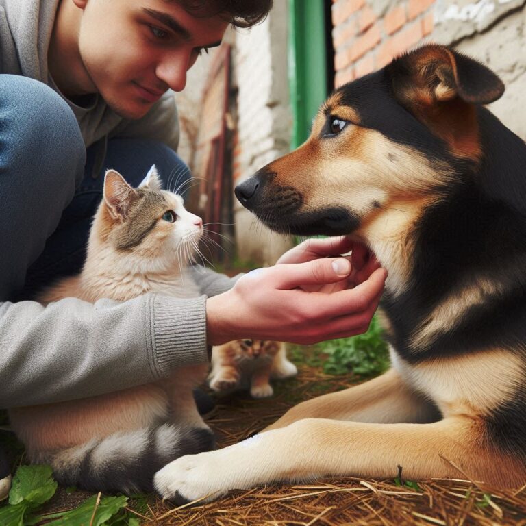 un perro adoptado interactuando de manera tranquila y controlada con otro perro o gato, bajo la supervisión de su dueño