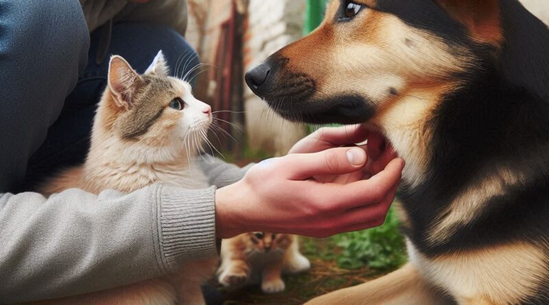 un perro adoptado interactuando de manera tranquila y controlada con otro perro o gato, bajo la supervisión de su dueño