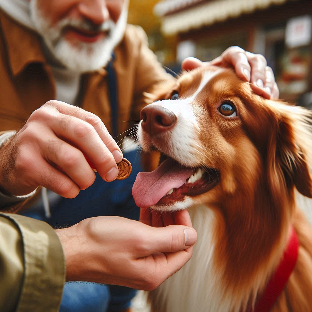 Un dueño recompensando a su perro con un premio por un comportamiento calmado