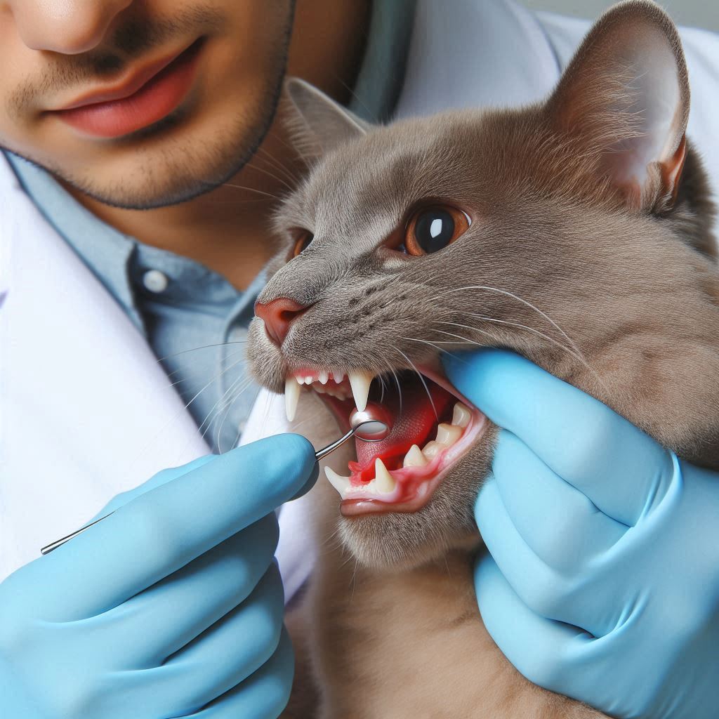 Un veterinario revisando los dientes de un gato para detectar signos de gingivitis o sarro