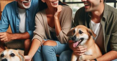 Una familia o individuo visitando un refugio de animales, interactuando con varios perros, transmitiendo emoción y conexión en el proceso de adopción de un perro