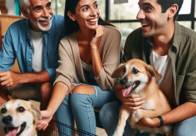 Una familia o individuo visitando un refugio de animales, interactuando con varios perros, transmitiendo emoción y conexión en el proceso de adopción de un perro