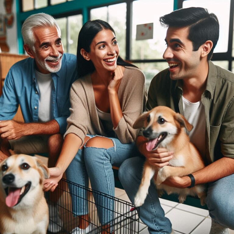 Una familia o individuo visitando un refugio de animales, interactuando con varios perros, transmitiendo emoción y conexión en el proceso de adopción de un perro