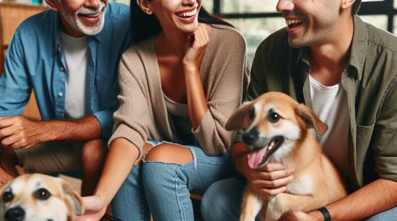 Una familia o individuo visitando un refugio de animales, interactuando con varios perros, transmitiendo emoción y conexión en el proceso de adopción de un perro