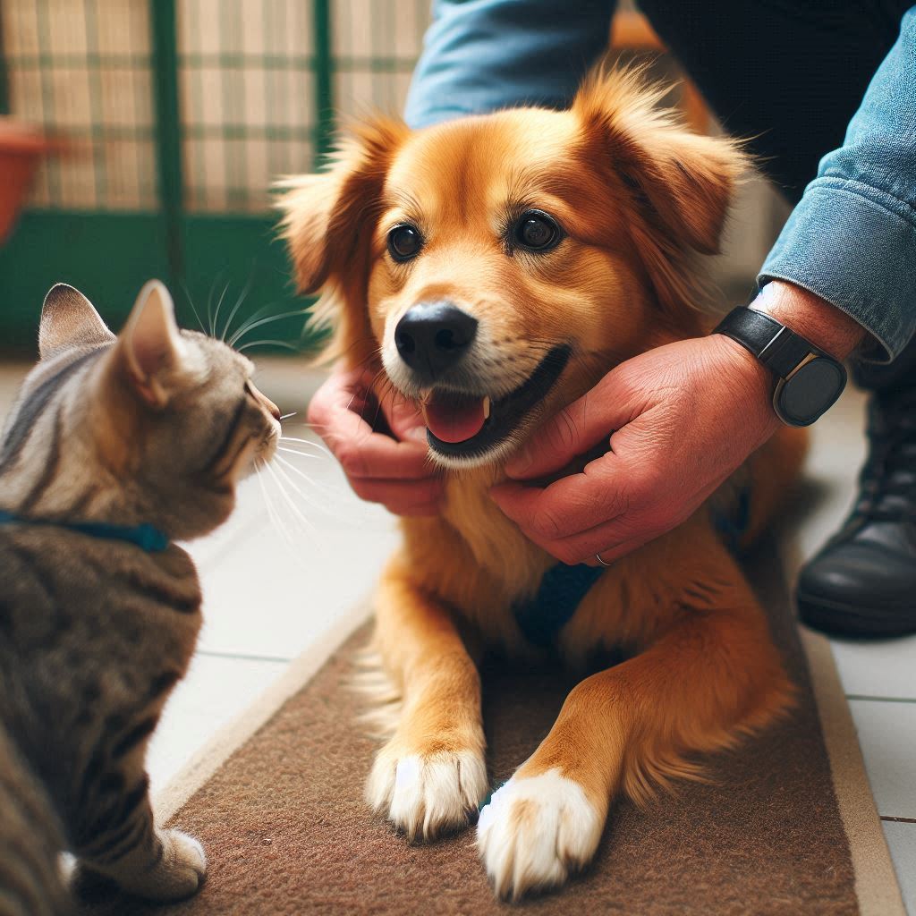 un perro adoptado interactuando de manera tranquila y controlada con otro perro o gato, bajo la supervisión de su dueño