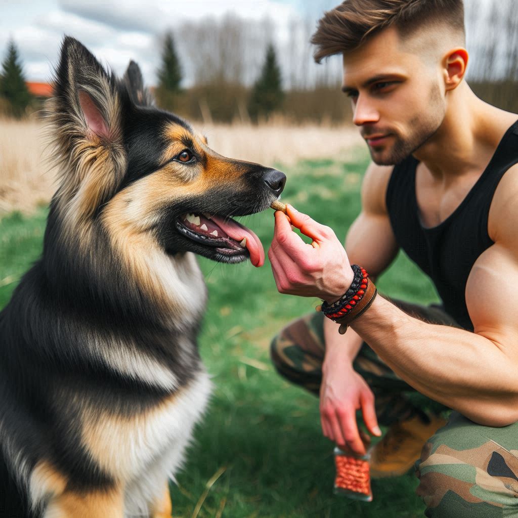  mostrando a un perro recibiendo una golosina durante un entrenamiento positivo.