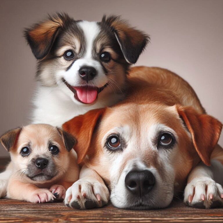 Un cachorro juguetón y un perro mayor descansando juntos, ilustrando la elección entre adoptar un perro joven o mayor