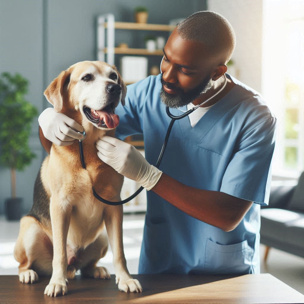 Un veterinario examinando a un perro mayor, ilustrando la importancia de los cuidados de salud en perros adultos