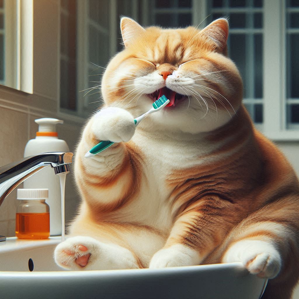 Gato cómodo mientras le cepillan los dientes