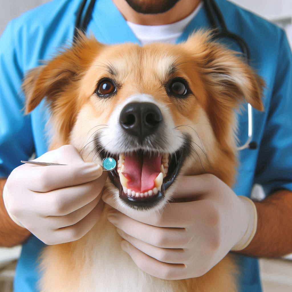 Un perro en la consulta del veterinario, recibiendo un chequeo dental.