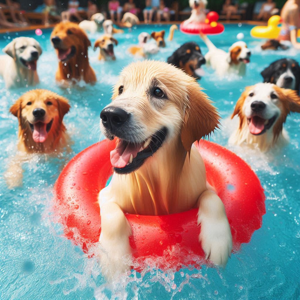 Golden Retriever en una piscina para perros