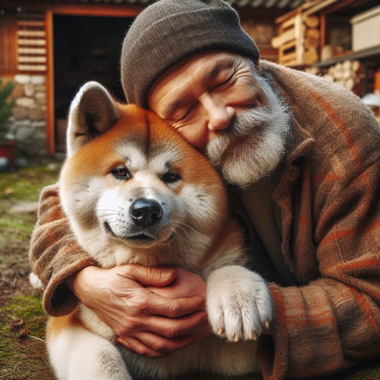 Dueño abrazando a su Akita Inu